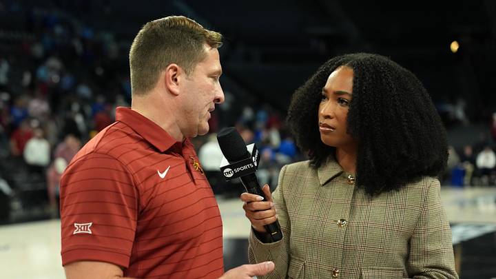 Nov 25, 2025; Las Vegas, Nevada, USA; TNT Sports reporter Autumn Johnson (right) interviews Iowa State Cyclones head coach T.J. Otzelberger after a 2025 Players Era Festival group play game against the Creighton Bluejays at Michelob Ultra Arena.