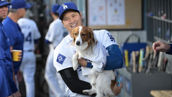 Aug 28, 2024; Los Angeles, California, USA;  Los Angeles Dodgers designated hitter Shohei Ohtani (17) walks through the dugout with his dog Decoy after delivering the first pitch before the game against the Baltimore Orioles at Dodger Stadium. Mandatory Credit: Jayne Kamin-Oncea-Imagn Images