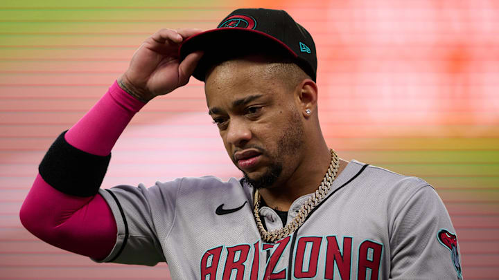 Sep 9, 2025; San Francisco, California, USA; Arizona Diamondbacks infielder Ketel Marte (4) reacts before the game against the San Francisco Giants and the Arizona Diamondbacks at Oracle Park. Mandatory Credit: Robert Edwards-Imagn Images