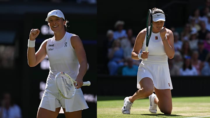 Iga Swiatek (On) Amanda Anisiomova (Nike) wear white at Wimbledon.