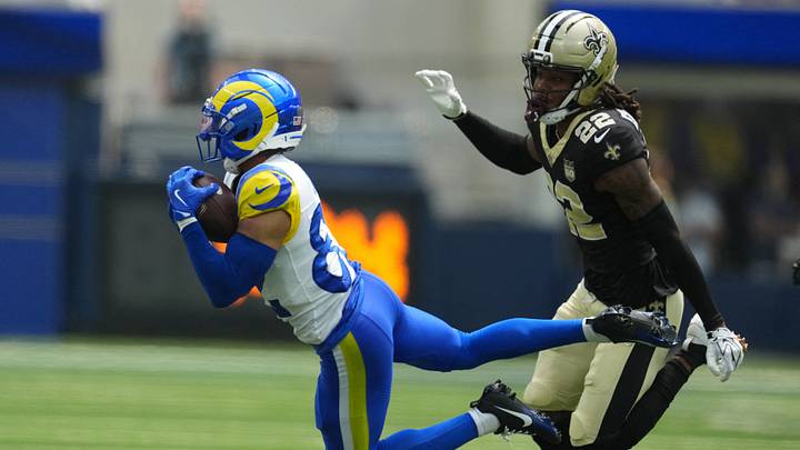 Aug 22, 2026; Inglewood, California, USA; Los Angeles Rams wide receiver Tyler Scott (82) catches the ball against New Orleans Saints cornerback Martin Emerson Jr. (22) in the first half at SoFi Stadium. Mandatory Credit: Kirby Lee-Imagn Images Aug 22, 2026; Inglewood, California, USA; Los Angeles Rams wide receiver Tyler Scott (82) catches the ball against New Orleans Saints cornerback Martin Emerson Jr. (22) in the first half at SoFi Stadium. Mandatory Credit: Kirby Lee-Imagn Images