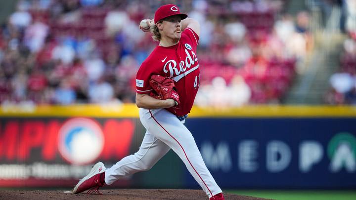 Jun 2, 2026; Cincinnati, Ohio, USA; Cincinnati Reds pitcher Andrew Abbott (41) throws against the Kansas City Royals in the first inning at Great American Ball Park. Mandatory Credit: Aaron Doster-Imagn Images
