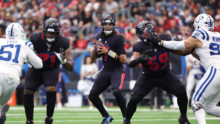 Jan 4, 2026; Houston, Texas, USA;  Houston Texans quarterback C.J. Stroud (7) stands in the pocket against the Indianapolis Colts during the first half at NRG Stadium. Mandatory Credit: Troy Taormina-Imagn Images