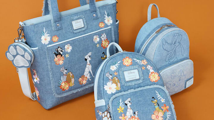 Loungefly x Disney Disney Dogs & Cats Floral Faux Denim Fringe Mini Backpack