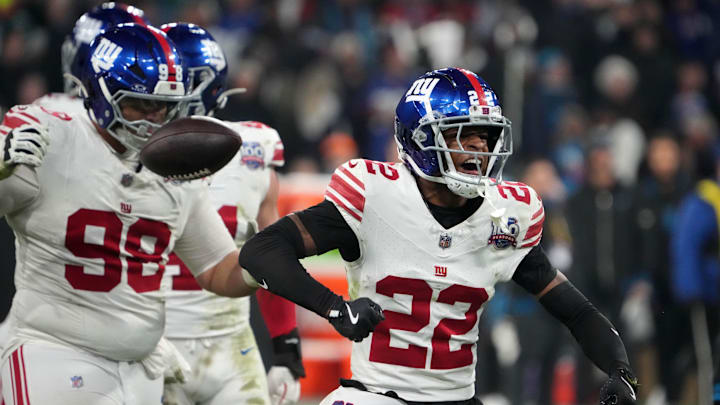 New York Giants cornerback Dru Phillips (22) reacts against the Carolina Panthers in the second half during the 2024 NFL Munich Game at Allianz Arena.  