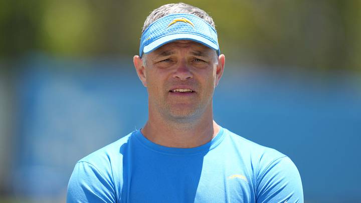 Jun 1, 2022; Costa Mesa, CA, USA; Los Angeles Chargers offensive coordinator Joe Lombardi during organized team activities at Hoag Performance Center. Mandatory Credit: Kirby Lee-Imagn Images