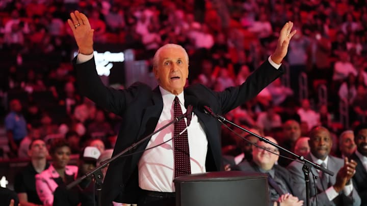 Oct 23, 2024; Miami, Florida, USA;  Miami Heat president Pat Riley addresses the crowd during the Pat Riley Court dedication ceremony at halftime at Kaseya Center. Mandatory Credit: Jim Rassol-Imagn Images