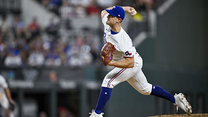 Jul 6, 2024; Arlington, Texas, USA; Texas Rangers relief pitcher David Robertson (37) in action during the game between the Texas Rangers and the Tampa Bay Rays at Globe Life Field. Mandatory Credit: Jerome Miron-Imagn Images Jul 6, 2024; Arlington, Texas, USA; Texas Rangers relief pitcher David Robertson (37) in action during the game between the Texas Rangers and the Tampa Bay Rays at Globe Life Field. Mandatory Credit: Jerome Miron-Imagn Images