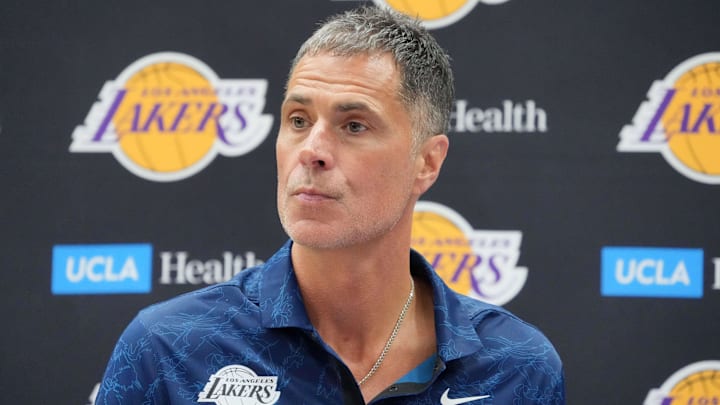 Jul 2, 2024; El Segundo, CA, USA; Los Angeles Lakers vice president of basketball operations and general manager Rob Pelinka at a press conference at the UCLA Health Training Center. Mandatory Credit: Kirby Lee-Imagn Images Jul 2, 2024; El Segundo, CA, USA; Los Angeles Lakers vice president of basketball operations and general manager Rob Pelinka at a press conference at the UCLA Health Training Center. Mandatory Credit: Kirby Lee-Imagn Images