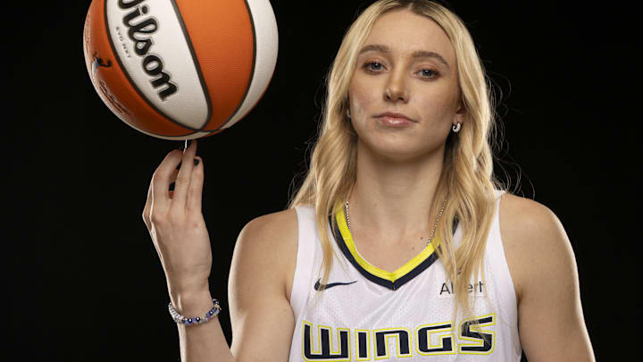 Dallas Wings guard Paige Bueckers poses for a photo during the 2025 Dallas Wings Media Day.