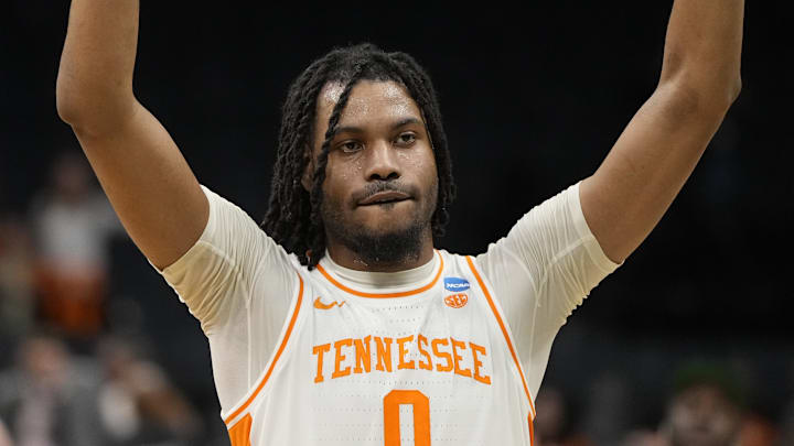 March 23, 2024, Charlotte, NC, USA;  Tennessee Volunteers forward Jonas Aidoo (0) celebrates