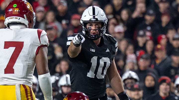 Nebraska tight end Heinrich Haarberg lines up at quarterback and attempts to draw USC offsides.