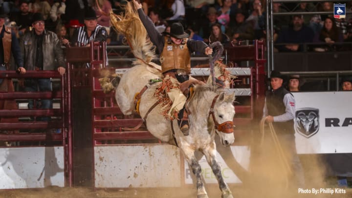 Trey Watts winning the 2023 Great Lakes Circuit Finals Rodeo in the saddle bronc riding. 