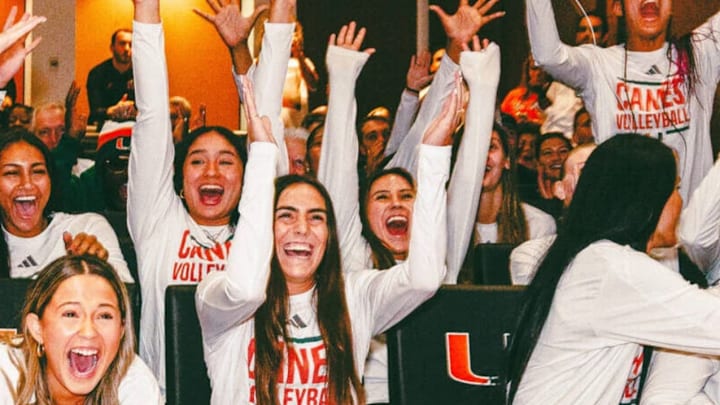 Miami Hurricanes Volleyball Celebrating Bid into the Tournament.