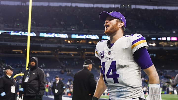 Dec 22, 2024; Seattle, Washington, USA; Minnesota Vikings quarterback Sam Darnold (14) celebrates following a victory against the Seattle Seahawks at Lumen Field. 