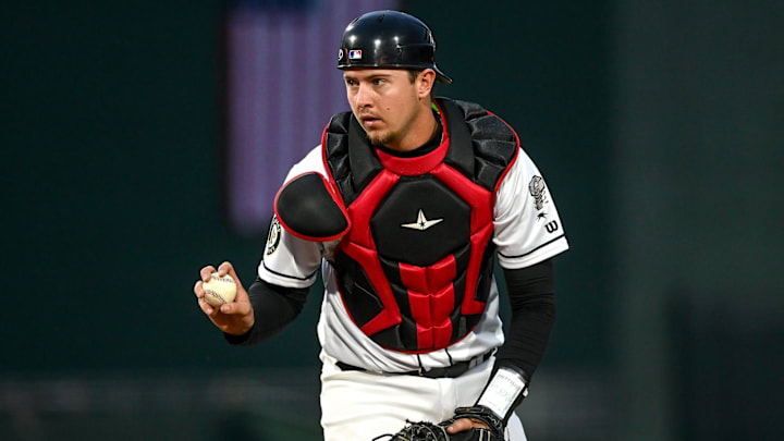 Lugnuts' Daniel Susac shows the ball to an umpire in the eighth inning during the game against the Whitecaps on Tuesday, April 11, 2023, at Jackson Field in Lansing.

230411 Lugnuts Whitecaps Baseball 209a