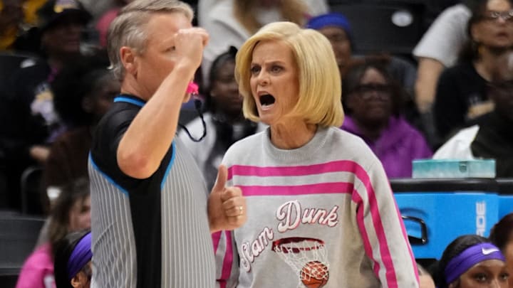 Feb 6, 2025; Columbia, Missouri, USA; LSU Lady Tigers head coach Kim Mulkey reacts to a call against the Missouri Tigers during the first half at Mizzou Arena. Mandatory Credit: Denny Medley-Imagn Images