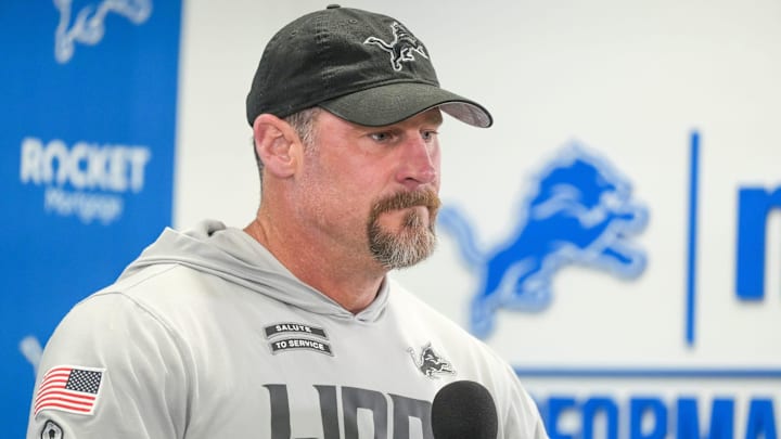 Detroit Lions head coach Dan Campbell speaks to members of the media at the Detroit Lions practice facility in Allen Park on Monday, Jan. 20, 2025, following his team’s NFC divisional playoff loss.