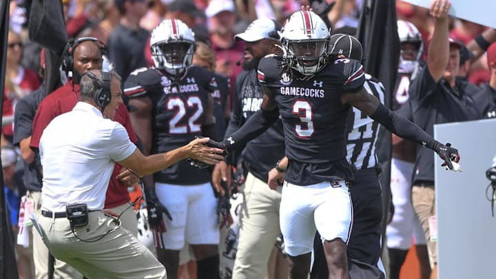 South Carolina Head Coach Shane Beamer congratulates South Carolina defensive back O'Donnell Fortune (3) after a defensive play during the first quarter at Williams-Brice Stadium in Columbia, S.C. Saturday, September 14, 2024. South Carolina Head Coach Shane Beamer congratulates South Carolina defensive back O'Donnell Fortune (3) after a defensive play during the first quarter at Williams-Brice Stadium in Columbia, S.C. Saturday, September 14, 2024.