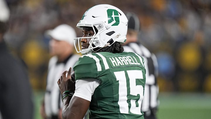 Aug 29, 2025; Charlotte, North Carolina, USA; Charlotte 49ers quarterback Conner Harrell (15) during the second half against the Appalachian State Mountaineers at Bank of America Stadium. Mandatory Credit: Jim Dedmon-Imagn Images