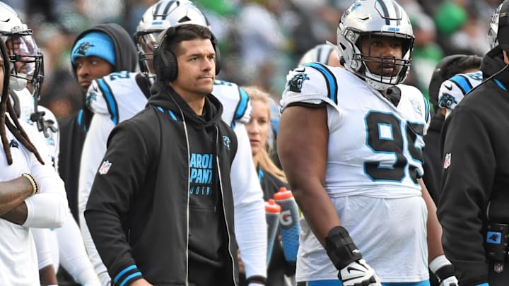 Dec 8, 2024; Philadelphia, Pennsylvania, USA; Carolina Panthers head coach Dave Canales during the fourth quarter against the Philadelphia Eagles at Lincoln Financial Field. Mandatory Credit: Eric Hartline-Imagn Images
