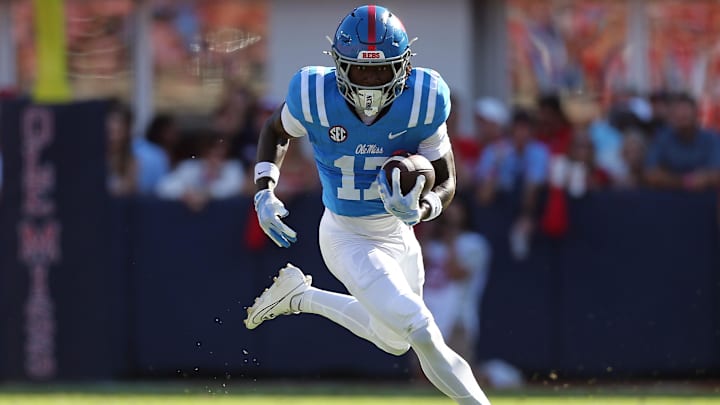 Sep 27, 2025; Oxford, Mississippi, USA; Mississippi Rebels wide receiver Winston Watkins (17) runs after a catch during the second quarter against the LSU Tigers at Vaught-Hemingway Stadium. Mandatory Credit: Petre Thomas-Imagn Images