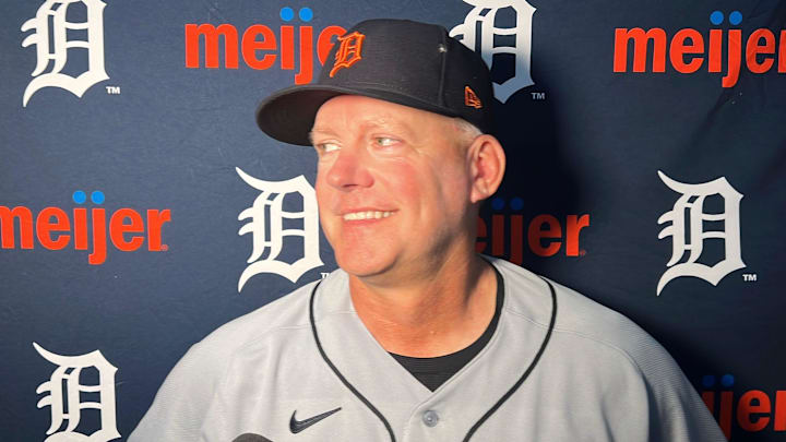 Detroit Tigers manager A.J. Hinch talks to reporters after Opening Day on March 26, 2026, at Petco Park in San Diego, California.