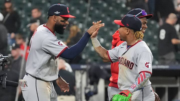 Guardians DH Jo Adell (right) and third baseman José Ramirez combined to drive in five of Cleveland’s nine runs in Game 3. Guardians DH Jo Adell (right) and third baseman José Ramirez combined to drive in five of Cleveland’s nine runs in Game 3.