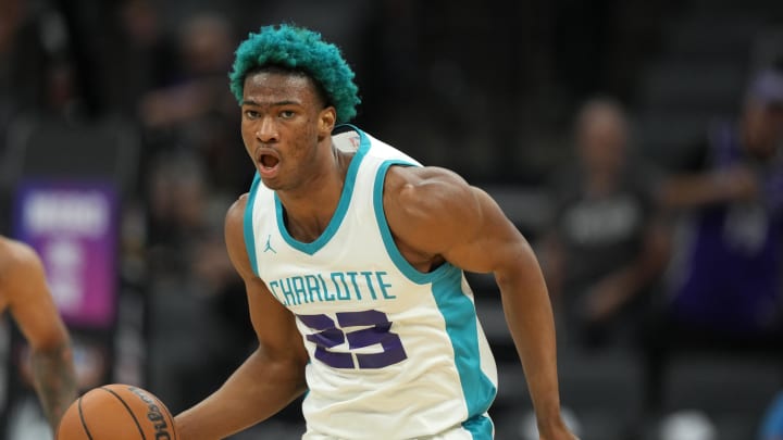 Jul 5, 2023; Sacramento, CA, USA; Charlotte Hornets forward Kai Jones (23) dribbles against the
