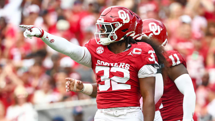 Sep 20, 2025; Norman, Oklahoma, USA;  Oklahoma Sooners defensive lineman R Mason Thomas (32) reacts after recording a sack during the third quarter against the Auburn Tigers at Gaylord Family-Oklahoma Memorial Stadium. Mandatory Credit: Kevin Jairaj-Imagn Images