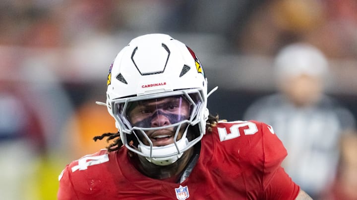 Aug 9, 2025; Glendale, Arizona, USA; Arizona Cardinals linebacker Xavier Thomas (54) against the Kansas City Chiefs during a preseason NFL game at State Farm Stadium. Mandatory Credit: Mark J. Rebilas-Imagn Images
