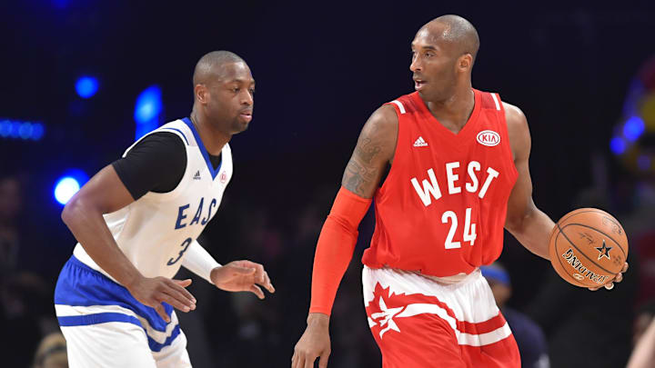 Feb 14, 2016; Toronto, Ontario, CAN; Western Conference forward Kobe Bryant of the Los Angeles Lakers (24) controls the ball against Eastern Conference guard Dwyane Wade of the Miami Heat (3) in the second half during the NBA All Star Game at Air Canada Centre. Mandatory Credit: Bob Donnan-Imagn Images Feb 14, 2016; Toronto, Ontario, CAN; Western Conference forward Kobe Bryant of the Los Angeles Lakers (24) controls the ball against Eastern Conference guard Dwyane Wade of the Miami Heat (3) in the second half during the NBA All Star Game at Air Canada Centre. Mandatory Credit: Bob Donnan-Imagn Images