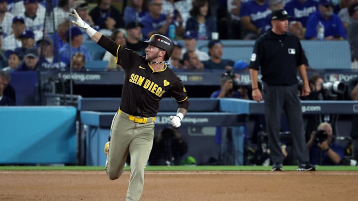 Oct 6, 2024; Los Angeles, California, USA; San Diego Padres outfielder Jackson Merrill (3) runs after hitting a two run home run in the eighth inning against the Los Angeles Dodgers during game two of the NLDS for the 2024 MLB Playoffs at Dodger Stadium. Mandatory Credit: Kiyoshi Mio-Imagn Images