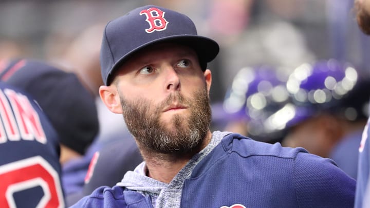 Apr 19, 2019; St. Petersburg, FL, USA; Boston Red Sox second baseman Dustin Pedroia (15) looks on from the dugout against the Tampa Bay Rays at Tropicana Field. Mandatory Credit: Kim Klement-Imagn Images