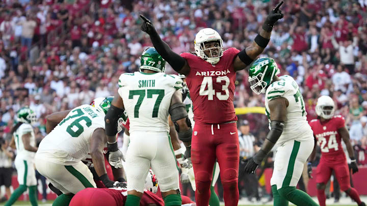 Arizona Cardinals linebacker Jesse Luketa (43) celebrates a sack against the New York Jets during the second quarter at State Farm Stadium in Glendale on Nov. 10, 2024.
