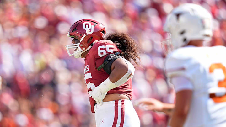 Oklahoma defensive tackle Jayden Jackson celebrates a play against Texas. Oklahoma defensive tackle Jayden Jackson celebrates a play against Texas.