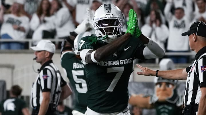 Aug 29, 2025; East Lansing, Michigan, USA; Michigan State Spartans defensive back Joshua Eaton (7) celebrates a safety in the third quarter at Spartan Stadium. Mandatory Credit: Brendan Mullin-Imagn Images