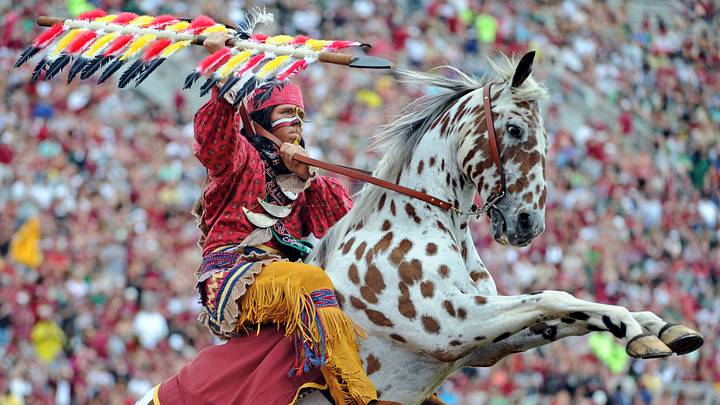 Sep 12, 2015; Tallahassee, FL, USA; Florida State Seminoles mascot Chief Osceola and Renegade cheer on their team during the game against the University of South Florida Bulls at Doak Campbell Stadium. Mandatory Credit: Melina Vastola-USA TODAY Sports Sep 12, 2015; Tallahassee, FL, USA; Florida State Seminoles mascot Chief Osceola and Renegade cheer on their team during the game against the University of South Florida Bulls at Doak Campbell Stadium. Mandatory Credit: Melina Vastola-USA TODAY Sports