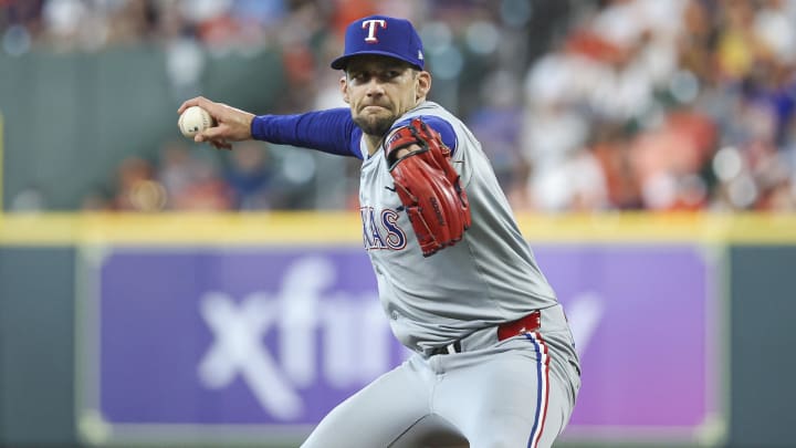 Apr 14, 2024; Houston, Texas, USA; Texas Rangers pitcher Nathan Eovaldi (17) delivers a pitch during the first inning against the Houston Astros at Minute Maid Park. 