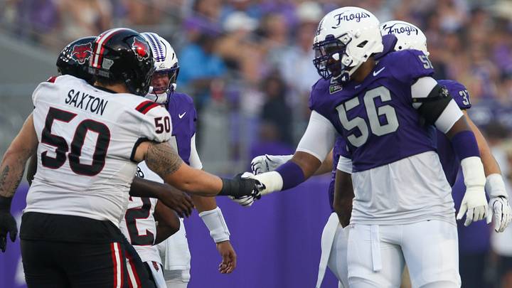 TCU offensive lineman No. 56 faces an Arkansas State defender during the Horned Frogs’ final nonconference game. With Big 12 play beginning, TCU’s upcoming challenges are no longer theoretical. TCU offensive lineman No. 56 faces an Arkansas State defender during the Horned Frogs’ final nonconference game. With Big 12 play beginning, TCU’s upcoming challenges are no longer theoretical.