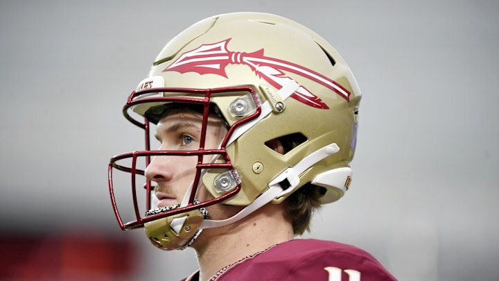 Oct 5, 2024; Tallahassee, Florida, USA; Florida State Seminoles quarterback Brock Glenn (11) looks on before the game against the Clemson Tigers at Doak S. Campbell Stadium. Mandatory Credit: Melina Myers-Imagn Images Oct 5, 2024; Tallahassee, Florida, USA; Florida State Seminoles quarterback Brock Glenn (11) looks on before the game against the Clemson Tigers at Doak S. Campbell Stadium. Mandatory Credit: Melina Myers-Imagn Images