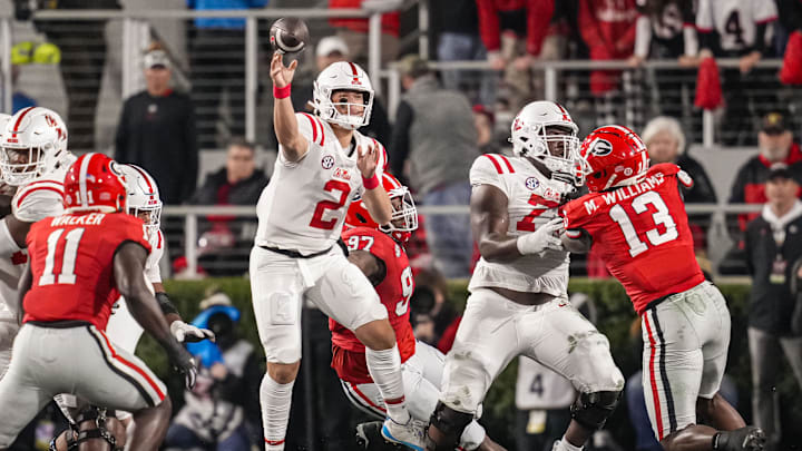 Nov 11, 2023; Athens, Georgia, USA; Mississippi Rebels quarterback Jaxson Dart (2) passes against the Georgia Bulldogs during the first quarter at Sanford Stadium. Mandatory Credit: Dale Zanine-USA TODAY Sports