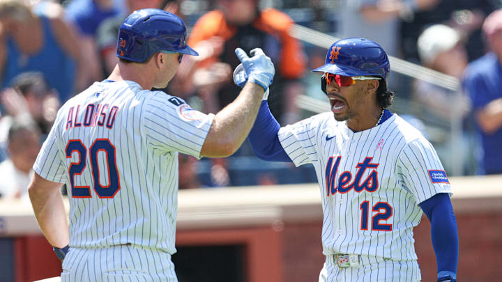May 11, 2025; New York City, New York, USA; New York Mets shortstop Francisco Lindor (12) celebrates with first baseman Pete Alonso (20) after hitting a solo home run during the eighth inning against the Chicago Cubs at Citi Field. Mandatory Credit: Vincent Carchietta-Imagn Images May 11, 2025; New York City, New York, USA; New York Mets shortstop Francisco Lindor (12) celebrates with first baseman Pete Alonso (20) after hitting a solo home run during the eighth inning against the Chicago Cubs at Citi Field. Mandatory Credit: Vincent Carchietta-Imagn Images