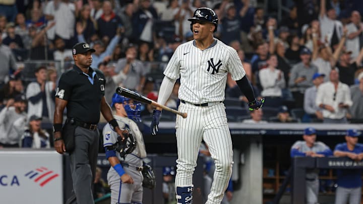 Sep 11, 2024; Bronx, New York, USA; New York Yankees right fielder Juan Soto (22) reacts after his two run home run during the sixth inning against the Kansas City Royals at Yankee Stadium. Sep 11, 2024; Bronx, New York, USA; New York Yankees right fielder Juan Soto (22) reacts after his two run home run during the sixth inning against the Kansas City Royals at Yankee Stadium.