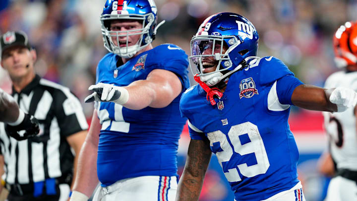 New York Giants running back Tyrone Tracy Jr. (29) celebrates his third quarter touchdown 