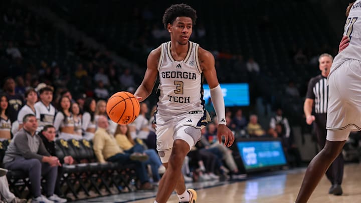 Feb 18, 2026; Atlanta, Georgia, USA; Georgia Tech Yellow Jackets guard Jaeden Mustaf (3) dribbles against the Virginia Cavaliers in the second half at McCamish Pavilion. Mandatory Credit: Brett Davis-Imagn Images
Feb 18, 2026; Atlanta, Georgia, USA; Georgia Tech Yellow Jackets guard Jaeden Mustaf (3) dribbles against the Virginia Cavaliers in the second half at McCamish Pavilion. Mandatory Credit: Brett Davis-Imagn Images