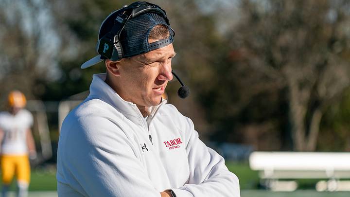 Tabor Academy's head coach Jeff Moore making calls from the sideline. Tabor Academy's head coach Jeff Moore making calls from the sideline.
