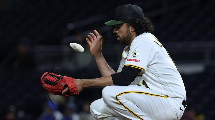 Apr 6, 2026; Pittsburgh, Pennsylvania, USA;  Pittsburgh Pirates relief pitcher Justin Lawrence (61) reacts with the rosin bag after an ABS challenge by the San Diego Padres during the eighth inning at PNC Park. Mandatory Credit: Charles LeClaire-Imagn Images