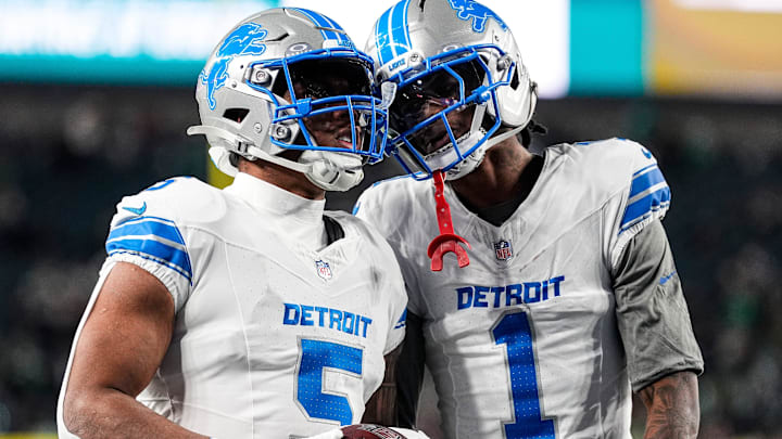 Detroit Lions wide receiver Jameson Williams (1) talks to running back David Montgomery (5) during warmup ahead of the Philadelphia Eagles game at Lincoln Financial Field in Philadelphia on Sunday, November 16, 2025.