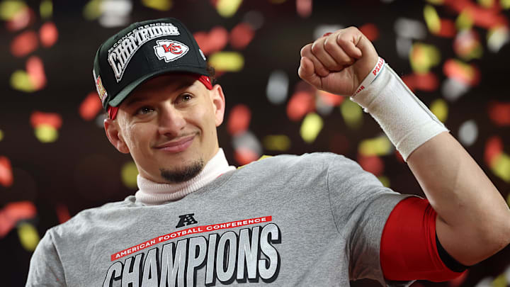 Jan 26, 2025; Kansas City, MO, USA; Kansas City Chiefs quarterback Patrick Mahomes (15) reacts on stage after the AFC Championship game against the Buffalo Bills at GEHA Field at Arrowhead Stadium. Mandatory Credit: Mark J. Rebilas-Imagn Images